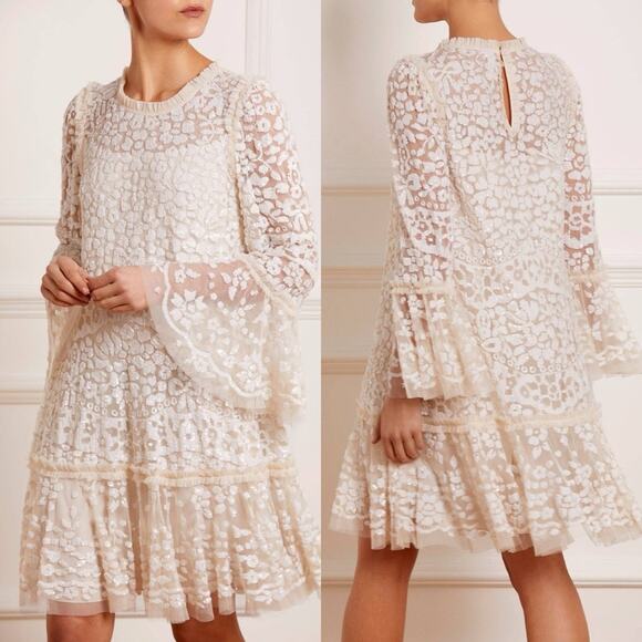 Needle and Thread The Annie Sequin Tiered Mini Dress in Champagne - Picture 1 of 12